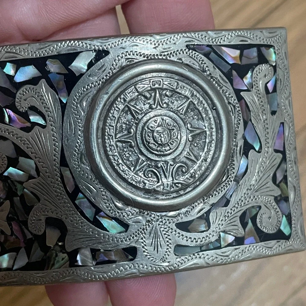 Vintage Alpaca Mexico Aztec Sun Calendar Abalone Shell Inlay Belt Buckle Silver